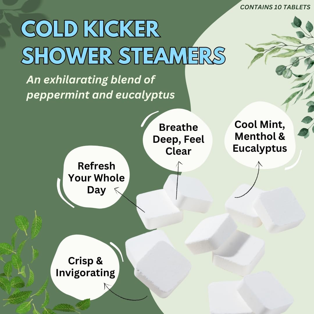 Cold Kicker Shower Steamers Aromatherapy for Sinus Relief - USA Made - Peppermint & Eucalyptus Shower Bomb Tablets – Self Care Gifts for Women and Men – Soothing Natural Essential Oils (10 Pack)
