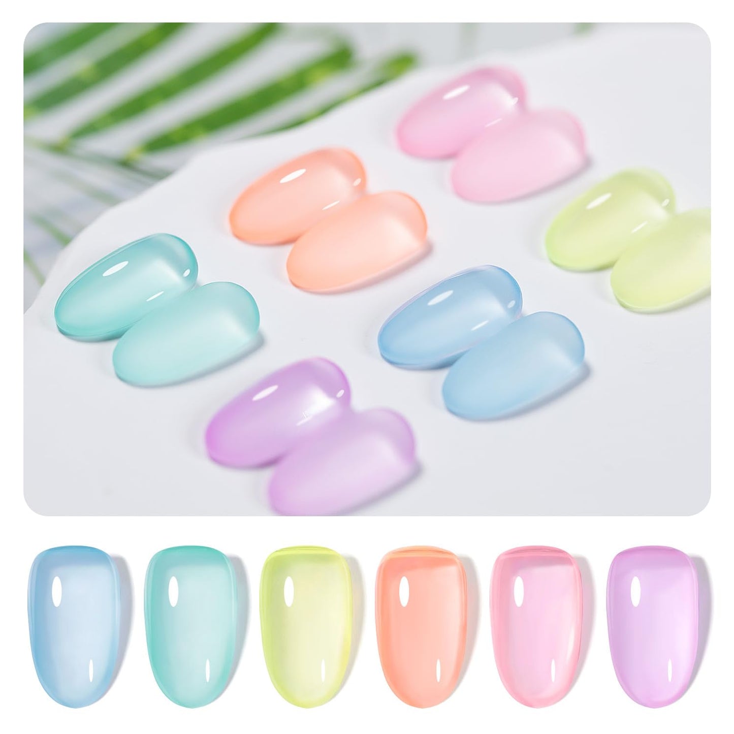 RARJSM Pastel Stained Glass Gel Nail Polish Set 6pcs Clear Orange Yellow Blue Pink Purple Crytal Transparent Jelly Series Sheer Amber Gel Varnish LED UV Curing Requires Spring Easter French Manicure