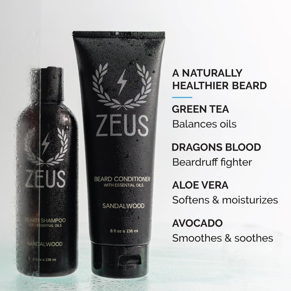 ZEUS Beard Wash Set for Men, Shampoo & Conditioner Duo with Green Tea & Essential Oils, Hydrates, Softens & Strengthens Beard Hair (Made in USA) Sandalwood