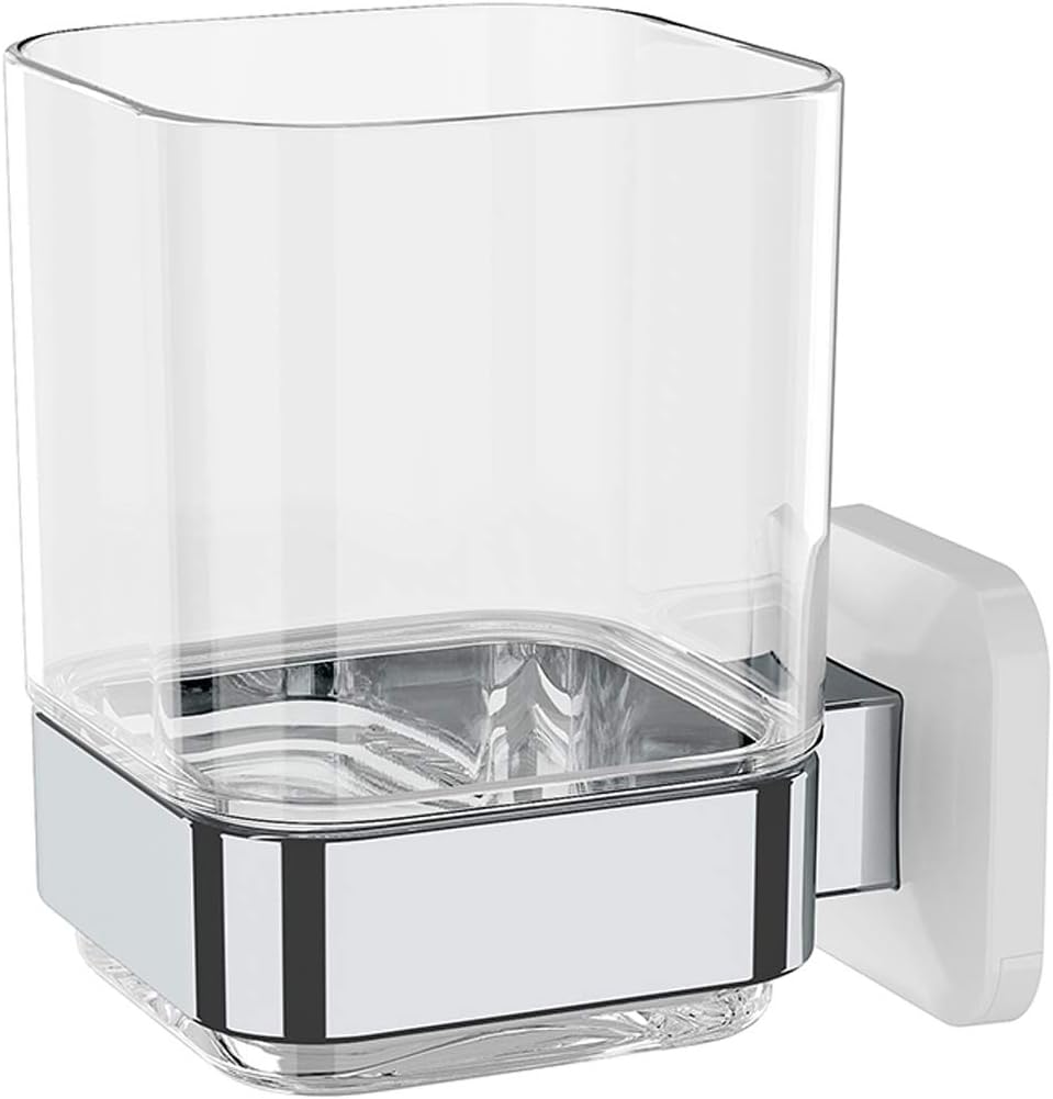 Wall-Mounted Tumbler and Toothbrush Holder, Wall Mounted Adhesive Hanging Electric Toothbrush Organizer Stand for Bathroom, No Drilling Required (White+Chrome, 3.93"X3.93"X2.97")