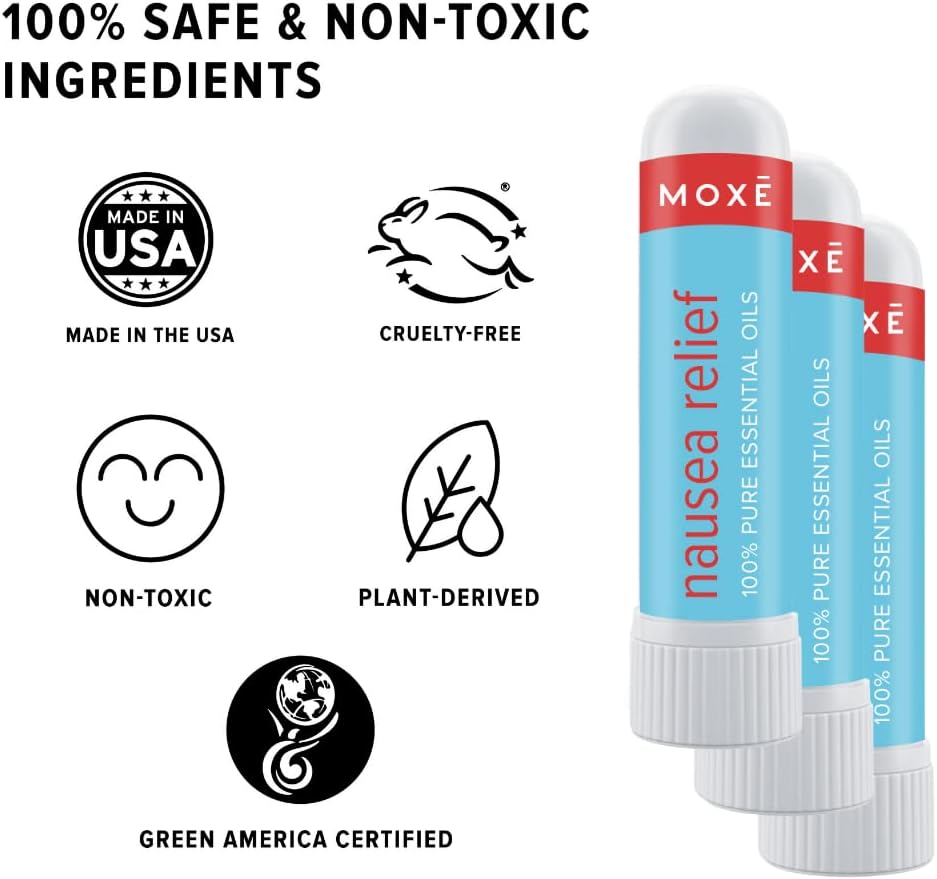 MOXE Nausea Nasal Inhaler Sticks, All Natural Essential Oil Blend, Ginger, Cardamom, Peppermint, Sweet Orange, Upset Stomach, Headaches, Easy-to-Use Portable Aromatherapy, Made in USA, 3 Pack