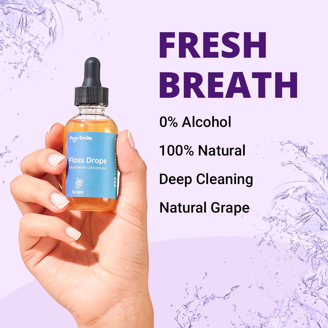 Concentrated Floss Drop Serum – 2oz Concentrated Mouth Wash to Use in Water Flosser | Natural Essentials Promotes Good Breath | Organic Drop Provides Good Oral Health (Grape Flavor)