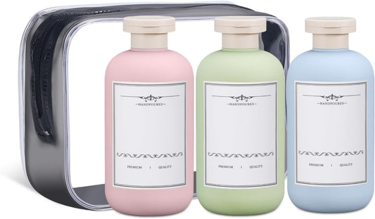 ASEVAT 6.7 oz Plastic Leak Proof Travel Bottles for Toiletries, Plastic Travel Size Containers, Shampoo and Conditioner Bottles Refillable Squeeze Bottle for Lotion, Body Wash (3Pcs)