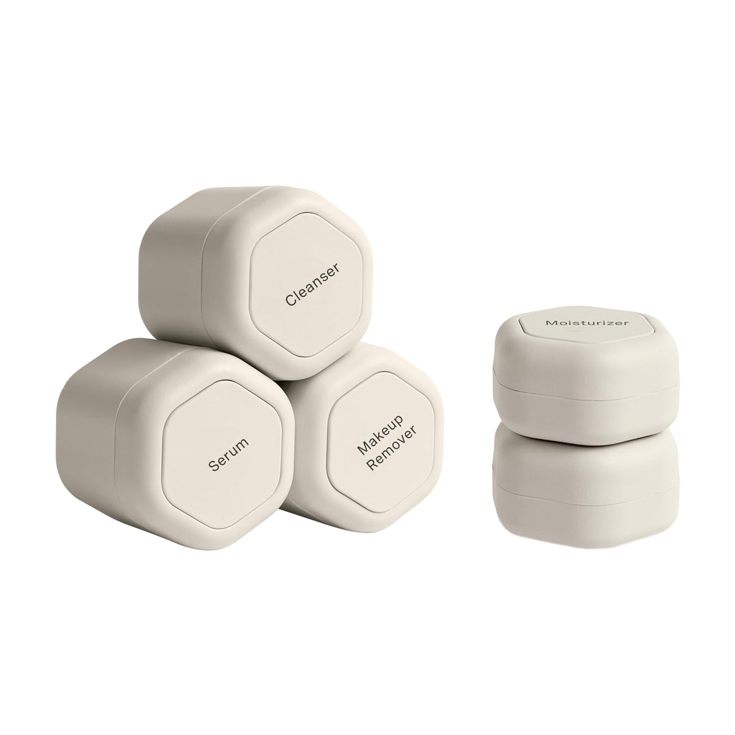 Cadence Travel Containers - Core Skincare Set - Magnetic Containers with Lids,2 Small (0.56oz) & 3 Medium (1.32oz) - Cleanser, Moisturizer, Serum, Makeup Remover & Sun Icon Labels - Sand