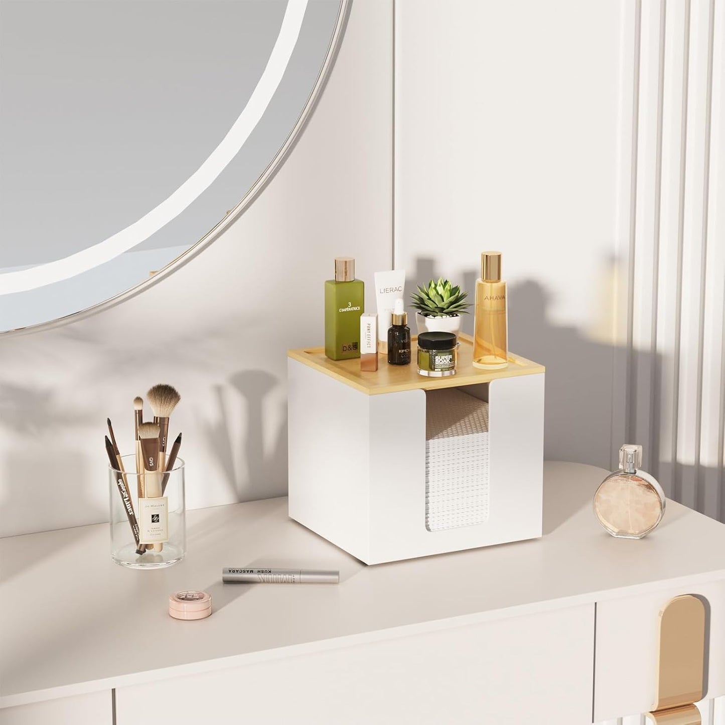 VITVITI Disposable Face Towel Holder Containers, Metal Iron Facial Clean Towels Box for XL Clean Skin Club, Large Capacity With Bamboo Lid for Bathroom, White