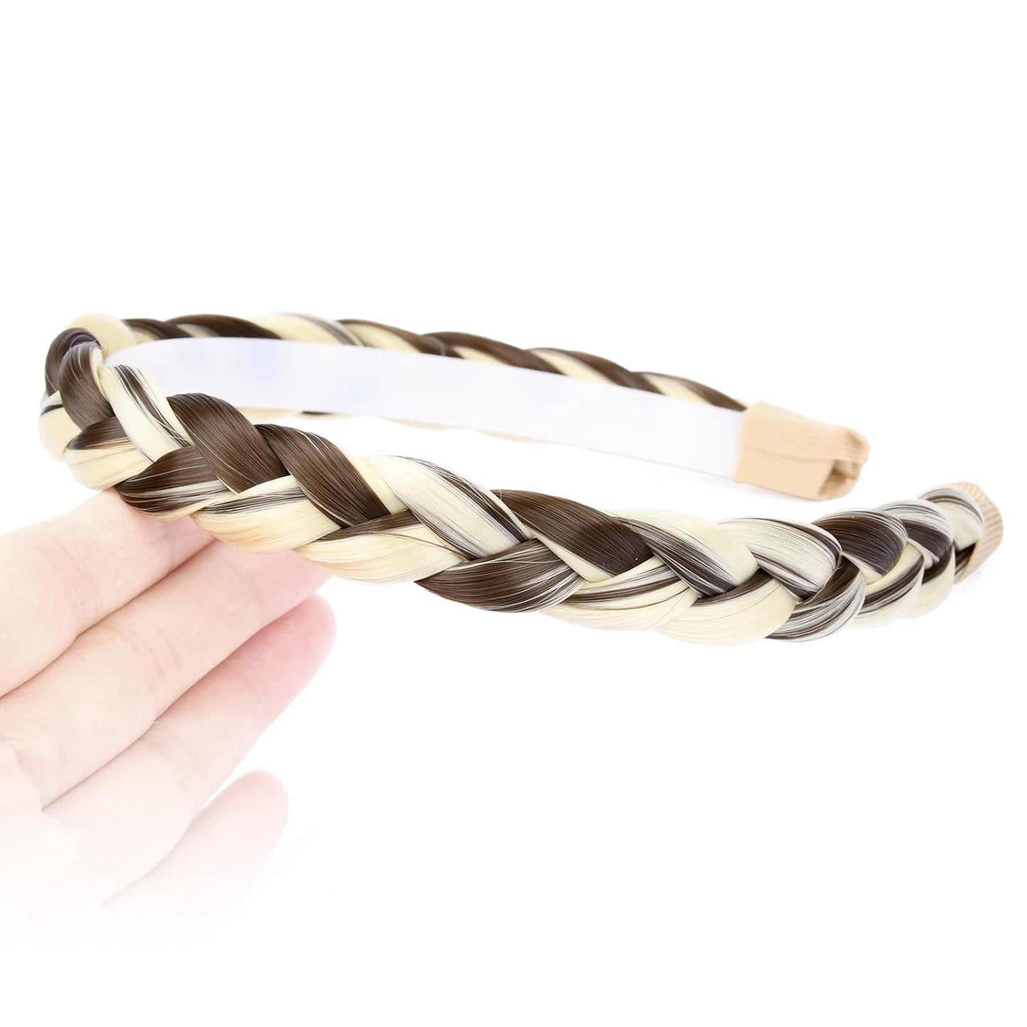 DIGUAN Width 0.6 inches Narrow Synthetic Hair Plaited Headband Braid With Teeth Hair Band Accessories for Women Girl (dark brown mix white blonde)