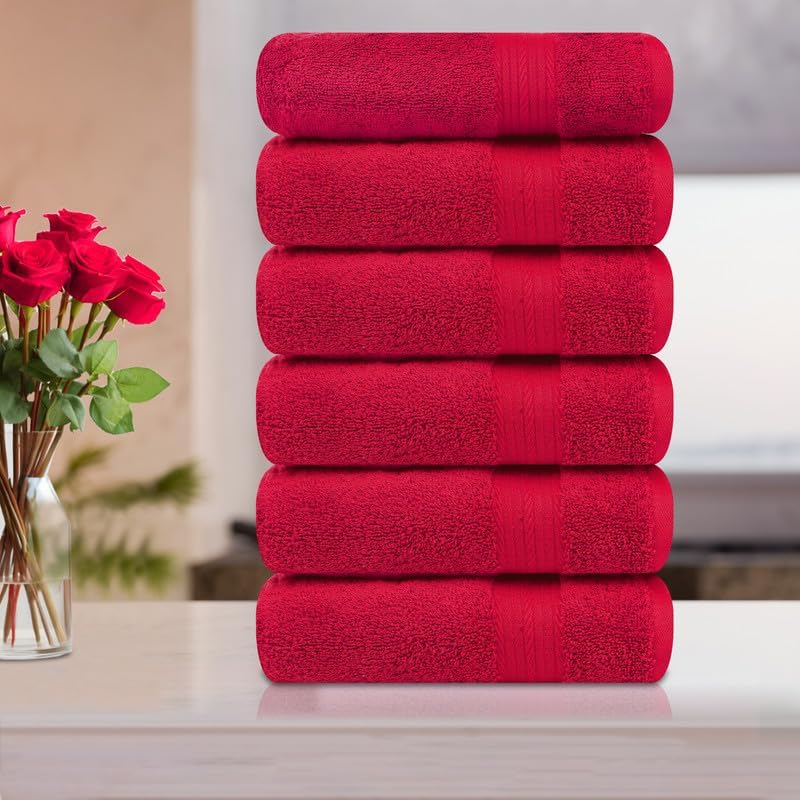 Ample Decor Hand Towels for Bathroom 18 X 28 Inch 600 GSM 100% Cotton, Soft Absorbent - 6 Pcs Red