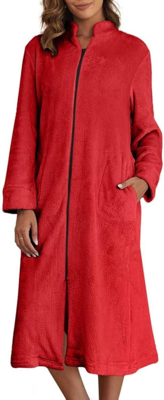 Ekouaer Women's Zip Up Robe Fleece Bathrobe Long Zipper Lounger Warm Housecoat Long Sleeve Nightgown with Pockets S-XXL