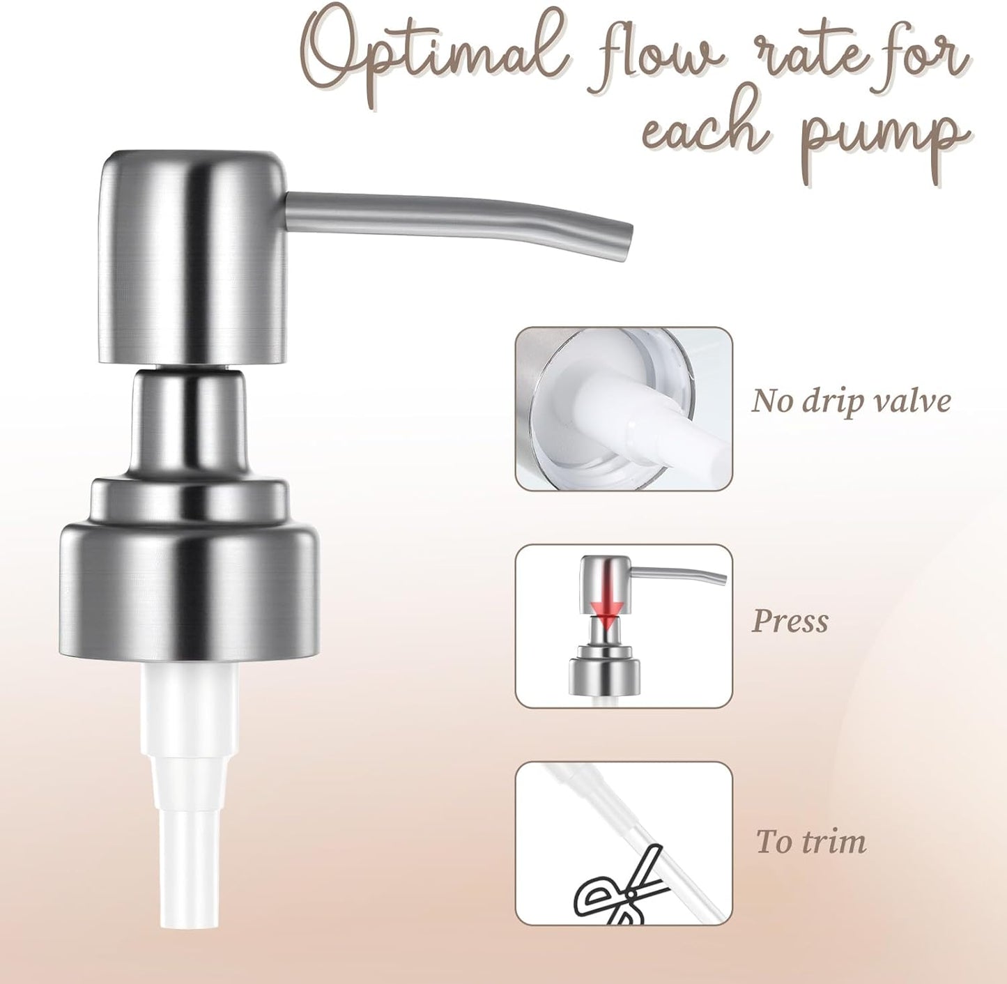 2 PCS Soap Dispenser Pump Replacement, Silver Stainless Steel Soap Pump Replacement Head, Kitchen and Bathroom Soaps Dispenser Pumps for Lotion Bottles, Standard Diameter 28/400 Neck Size