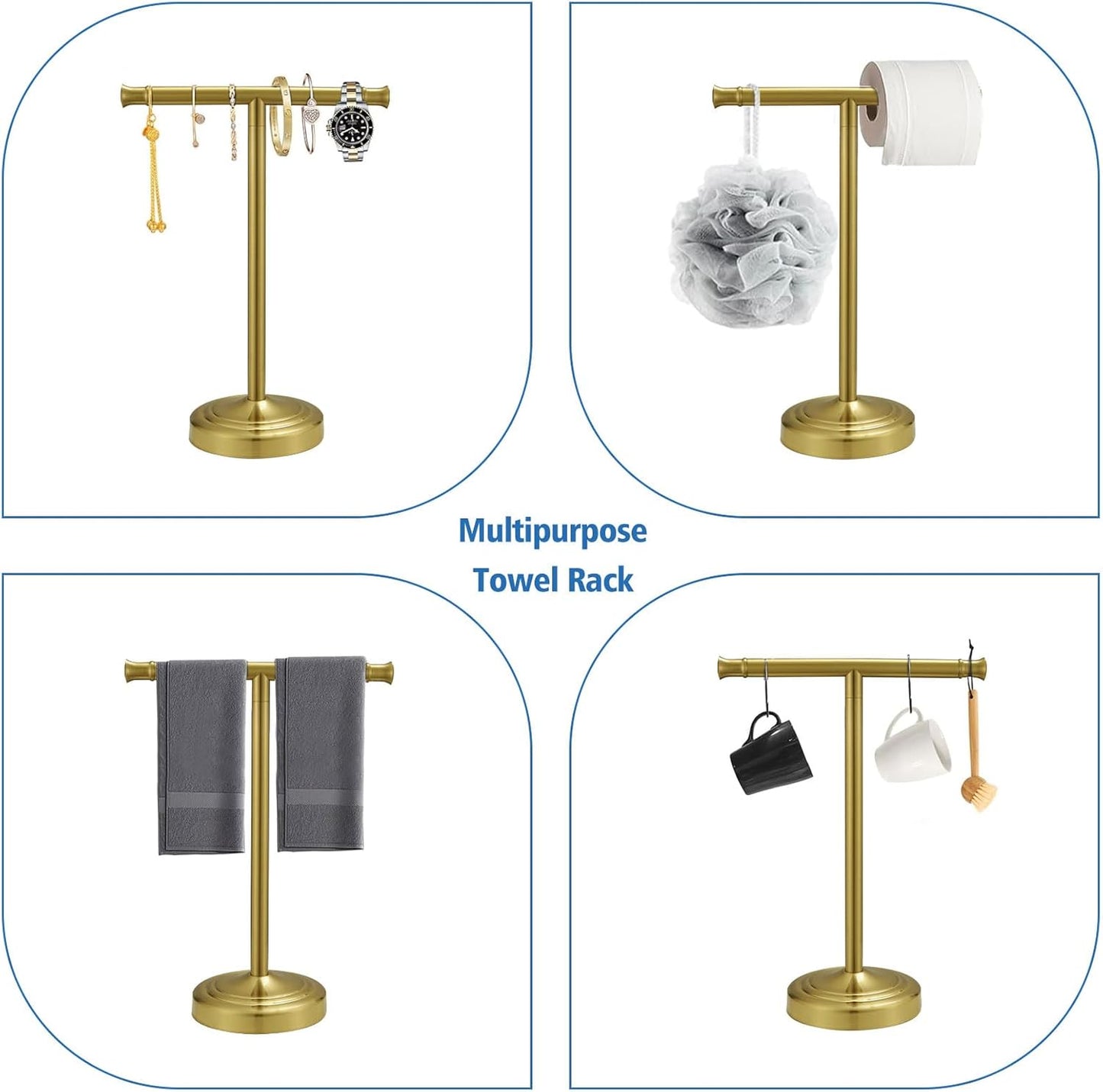 RUMOSE 13 Inch Brushed Gold Towel Stand Hand Towel Holder Bathroom Kitchen Vanity Countertop T-Shape Towel Rack Free Standing Stainless Steel Towel Bar Towel Ring