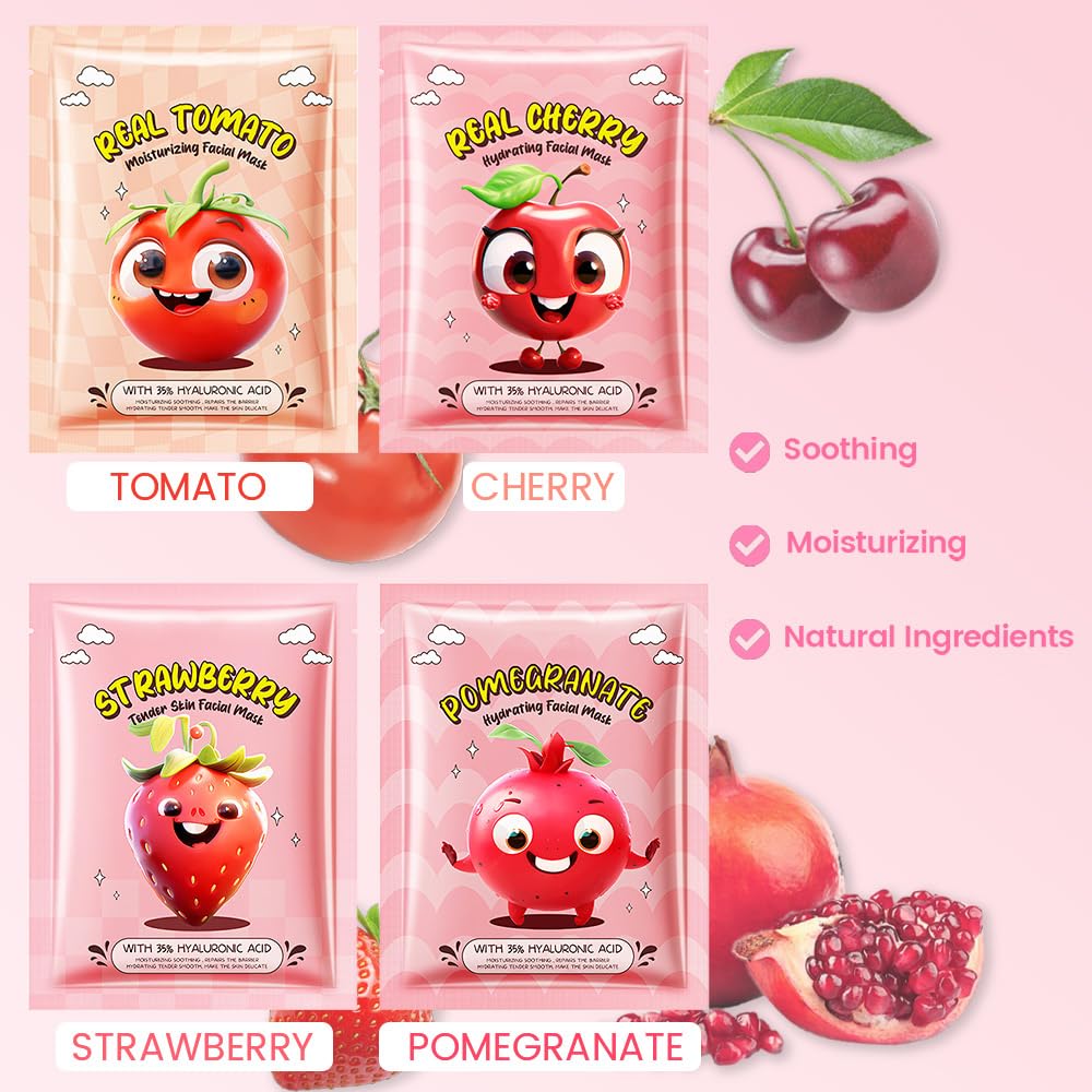 12 Pack Fruit Kids Face Mask,Pink Face Masks Skincare Spa Day Kit Supplies,Spa Party Favors for Teens Girls Women,Sheet Facial Mask Skincare Gifts Set,Moisturize Soothe for All Skin Types