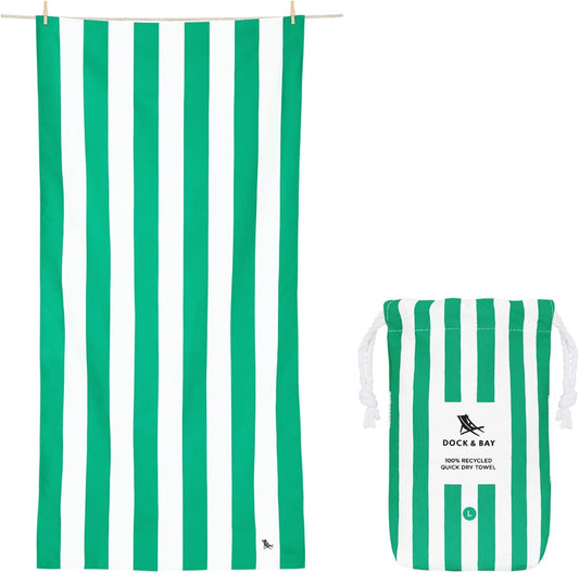 Dock & Bay Beach Towel - Quick Dry, Sand Free - Compact, Lightweight - 100% Recycled - Includes Bag - Cabana - Cancun Green - Large (160x90cm, 63x35)