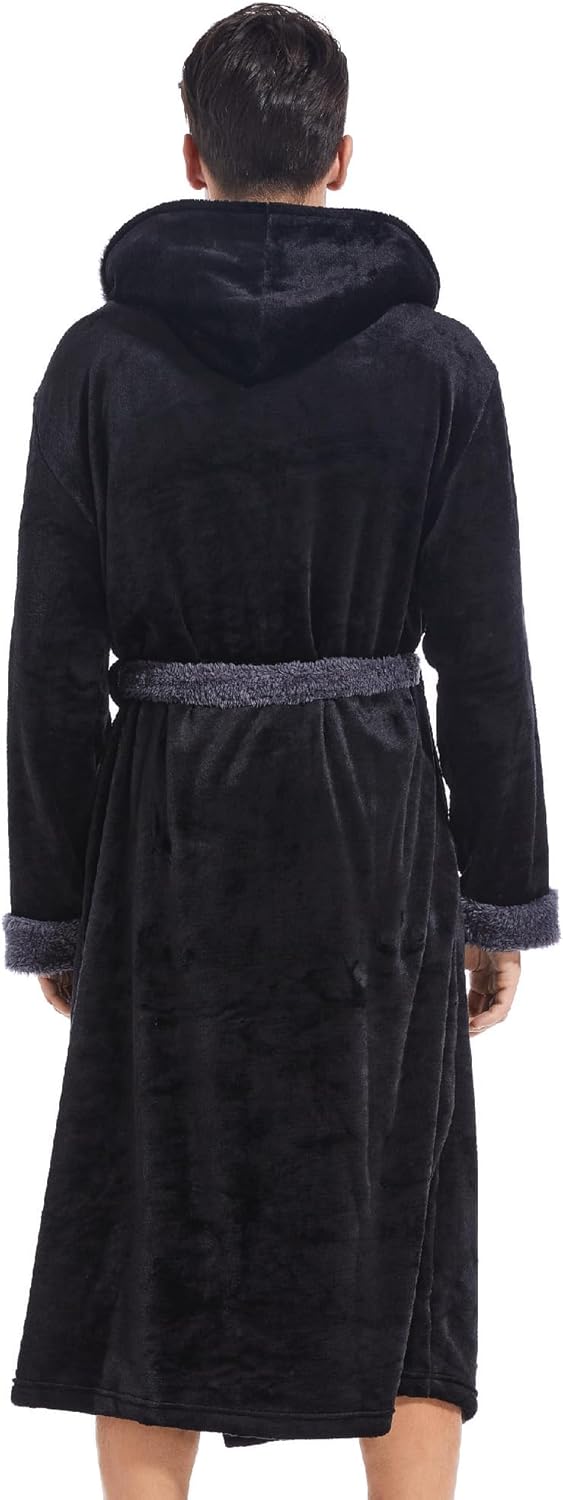 Inner Wish Mens Hooded Robe, Plush Long Bath robes Cozy Warm Bathrobe Fuzzy male Spa Robe With Pockets