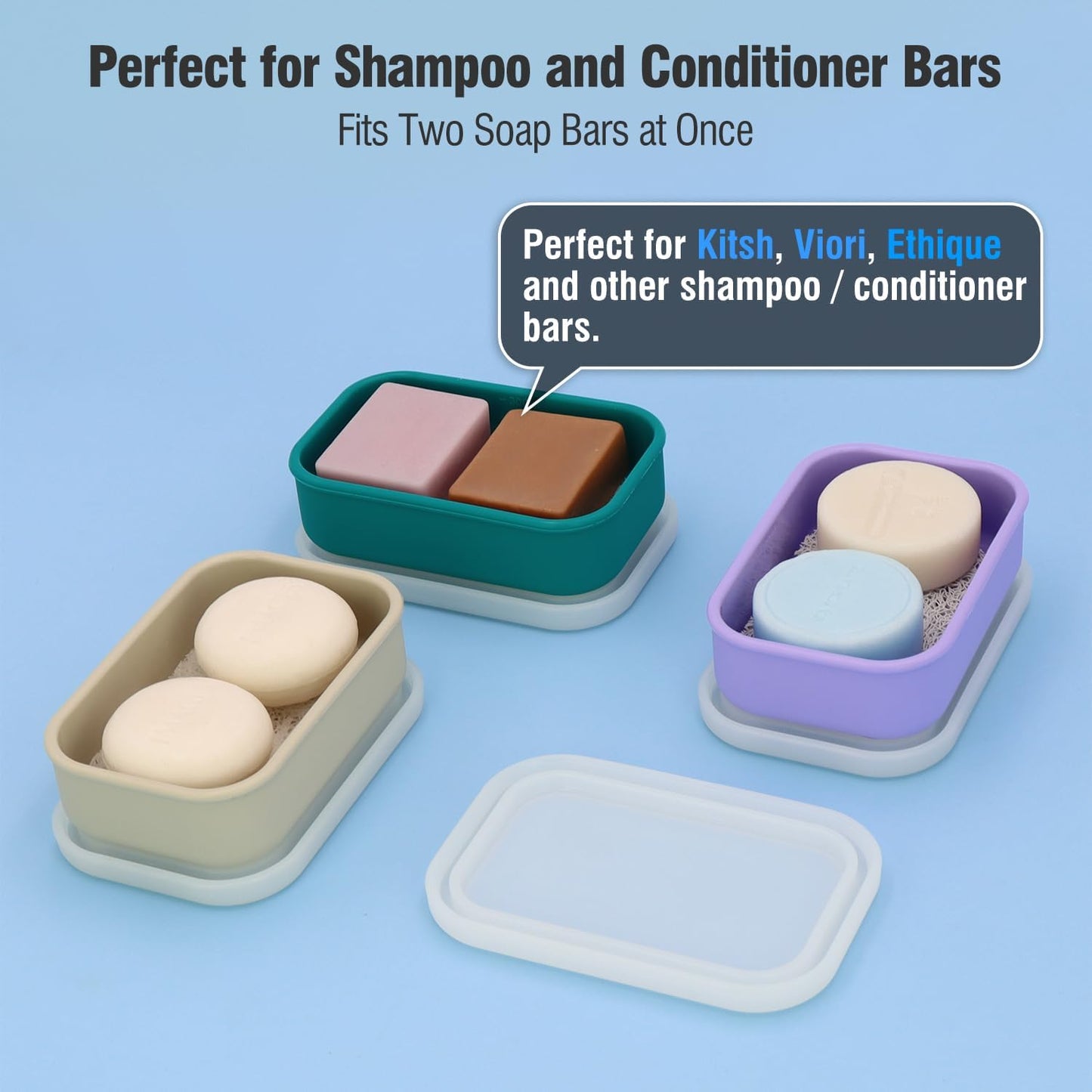 Enhanced Leak Proof Travel Soap Case, AIMAIAIMAI Silicone Soap Container with Draining Layer, Portable Bar Soap Holder for Bathroom, Camping, Gym, Easy to Clean (Translucent & Light-Purple)