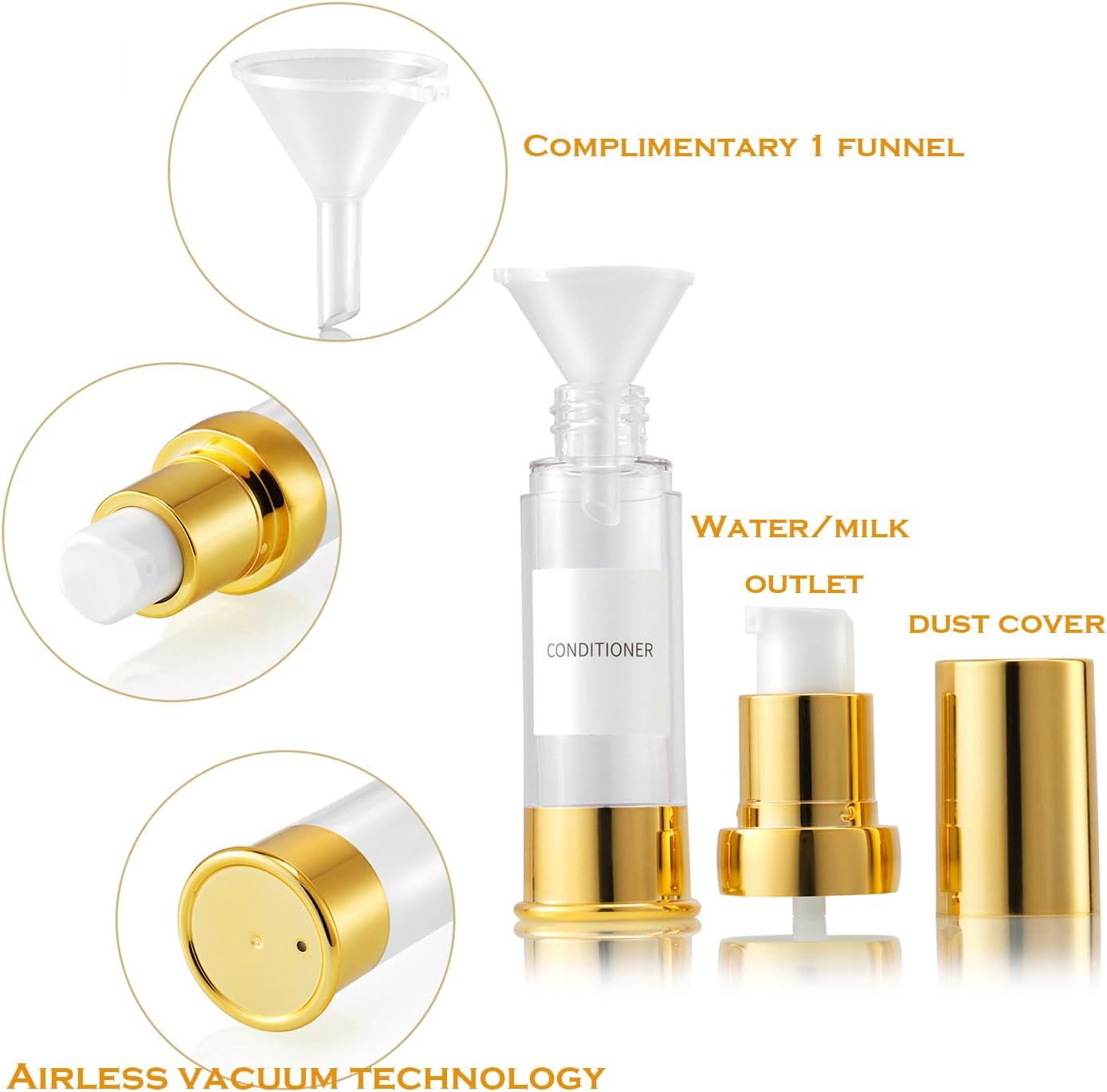 Gold 15ML 0.5 oz Airless pump bottle Toiletries Travel Size containers airport essentials Dispenser with Box Reusable mini lotion plastic travel bottles 4 Packs