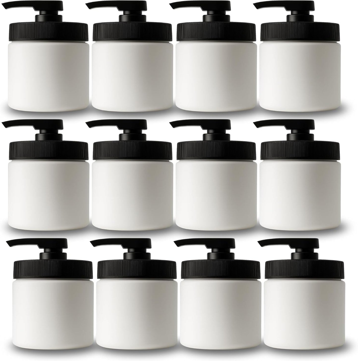 Royal Massage 16oz Refillable Pump Jar with Locking Dip Tube Dispenser – BPA-Free Plastic Container for Massage Oils, Lotions, Creams – Ribbed Lid Wide-Mouth Jar – Durable & Reusable (White/Black, 12)