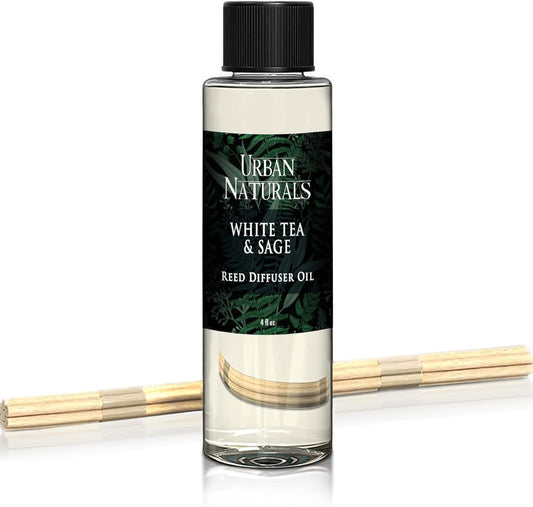 Urban Naturals Reed Diffuser Oil Refill White Tea & Sage, Sparkling Bergamot, Fresh Sage, 4 oz + Free Reed Sticks, Made in The USA