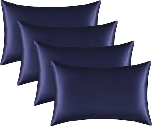 Satin Silk Pillowcase for Hair and Skin, Black Pillow Cases Standard Size Set of 4 Pack Super Soft Pillow Case with Zipper Closure (Navy, Queen(4 Pack))