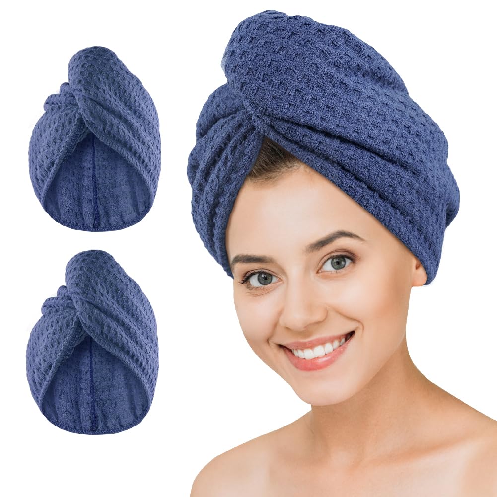 Microfiber Hair Drying Towel - 2Packs Waffle Long Hair Head Turban Wraps Terry Cloth Fast Absorbent Dry Anti Frizz Twist Plopping Curly Shower Turban for Women Wet Hair (Dark Blue)