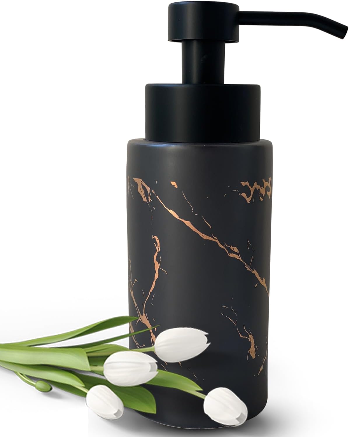 9.5 Oz Foaming Soap Dispenser for Bathroom,Kitchen Foam Soap Dispenser,Refillable Modern Foam Pump Bottle,Black Ceramic Foaming Hand Pump Dispenser (Black Marble)