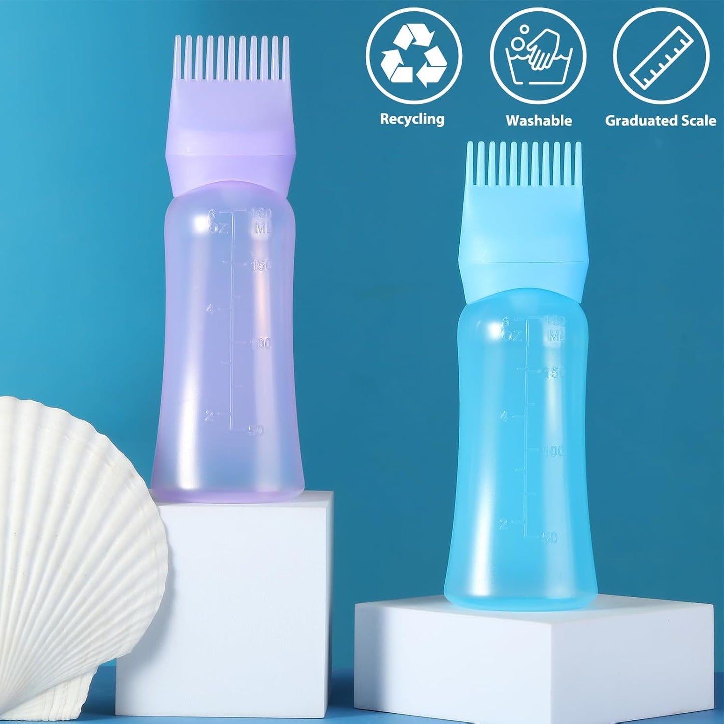 Root Comb Applicator Bottle 6 OZ, Hair Oil Applicator Bottles for Scalp with Massage Comb, 2 Pack Hair Dye Applicator with Graduated Scale (Purple, Blue)
