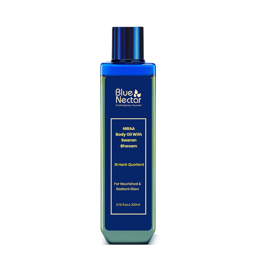 Blue Nectar Body Oil with Swaran Bhasam for Glowing Skin | Ayurvedic Body Oil for Dry Skin | Nourishing Oil with Gold & Shimmer (16 Herbs, 6.76 Fl Oz)