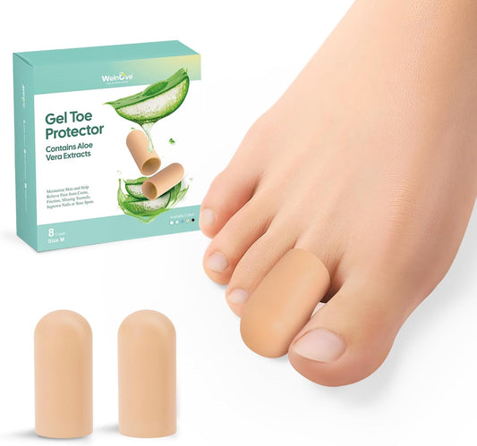 Welnove Gel Toe Cap and Protector - Silicone Toe Covers - Toe Cushions for Pain Relief, Missing or Ingrown Toenails, Corns, Calluses, Blisters (8 Medium, Beige)