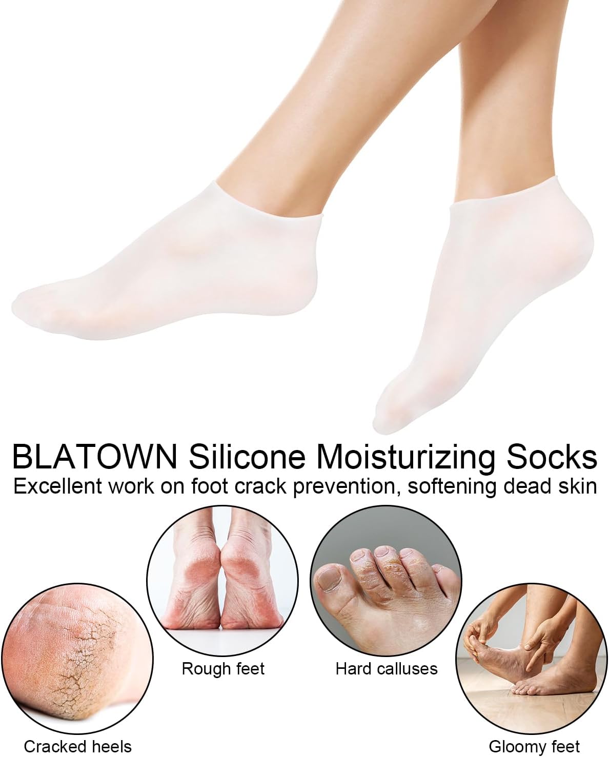 2 Pairs Silicone Moisturizing Glove Socks Set, Anti Slip Soft Spa Gel Socks Softening Feet Dry Cracked Skin, Women Spa Pedicure Socks for Foot Hand Softening, Foot Care After Pedicure (White)