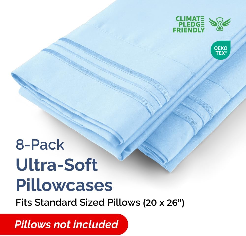 Standard Pillow Cases Set of 8 - Ultra Soft Hotel Quality Pillowcase Covers - Comfy & Wrinkle Free - Shrink, Stain and Fade Resistant - Machine Washable Pillow Protectors - 8 Piece Set - Light Blue