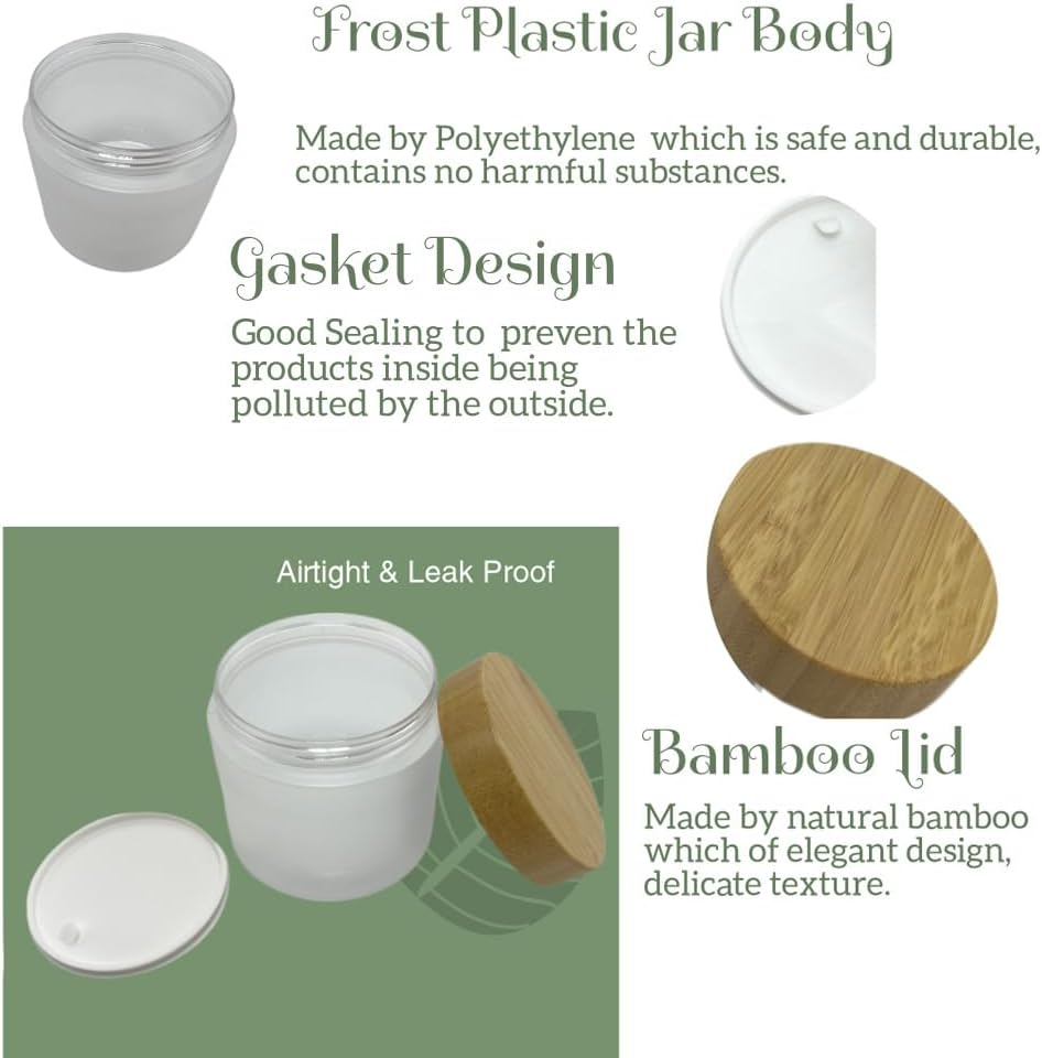 Empty Bamboo Lid Jar 16oz/500g,Refilable Plastic Round Cosmetic Containers for Powder,Body Butter,Cream,Lotion,Wide Mouth Makeup Sample Storage Pot Dispenser(Frost)