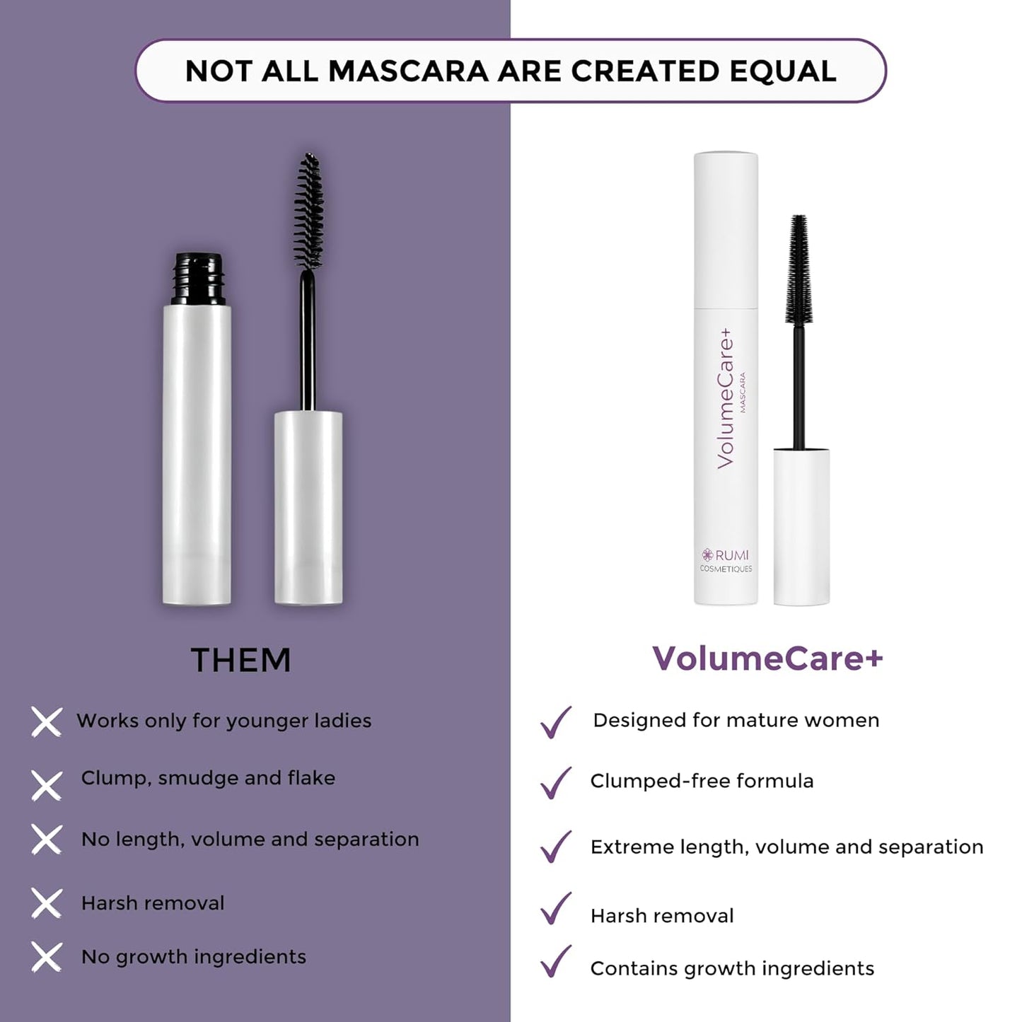 VolumeCare+ Mascara For Older Women - Extreme Length and Volume 2-in-1 Formula - No Clumps, Long-Wearing, Hypoallergenic Mascara For Sensitive Eyes (Dark Brown)
