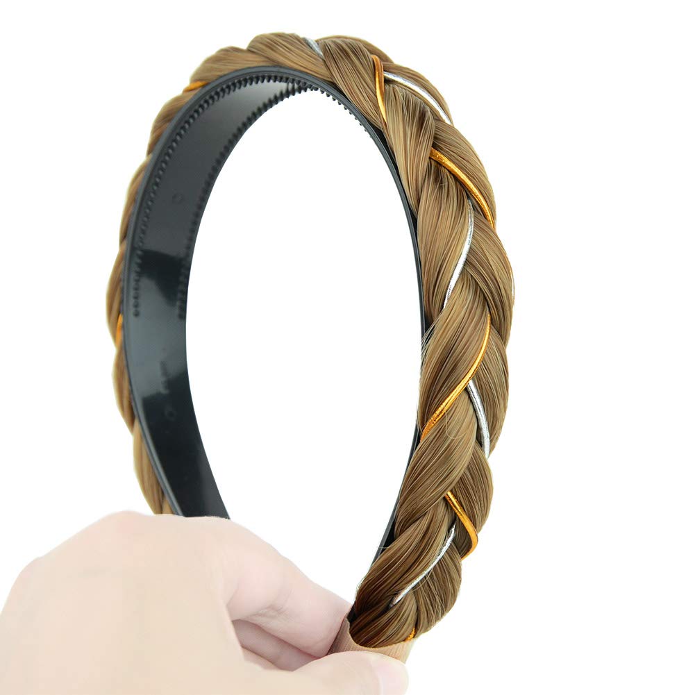 DIGUAN Headband Synthetic Hair Plaited Headband Braid Braided With Teeth Hair Band Accessories for Women Girl Width 1 Inch (W-Caramel Brown)