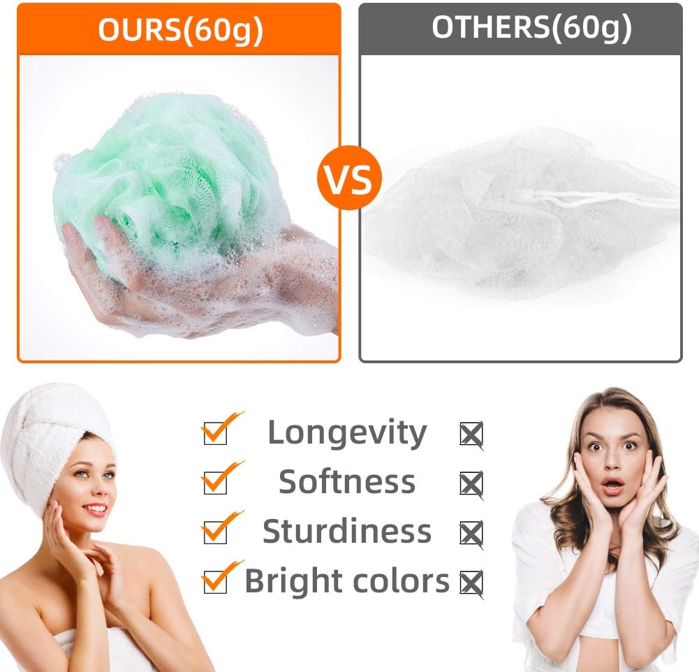 Loofah Bath Sponge Luffa Loofa Body Scrubber Soft Mesh Pouf Wash Puff Shower Puff Shower Ball Exfoliating Shower Sponge Pack of 4 (60g/pcs)