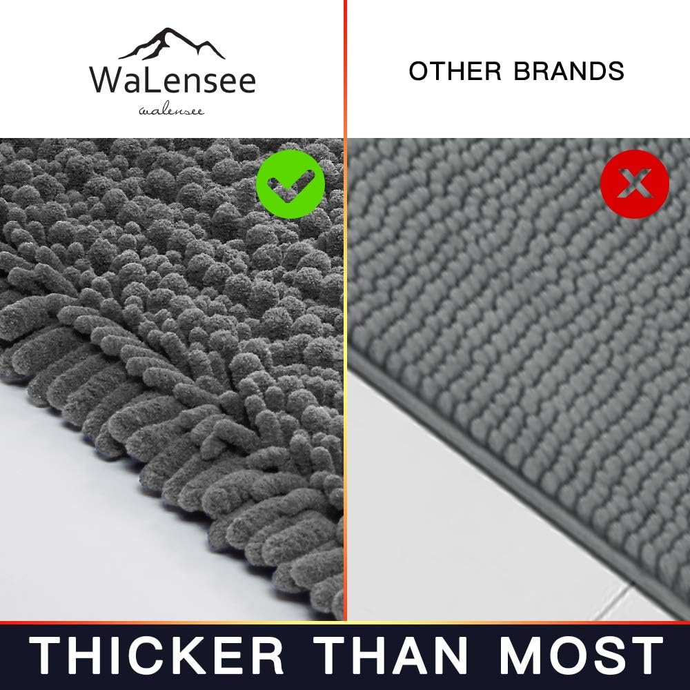 Walensee Bathroom Rug 2 Pieces Set Non Slip Bath Mat (20"x32" Plus 20"x24" U Grey/Gray) Water Absorbent Super Soft Shaggy Chenille Machine Washable Dry Extra Thick Perfect Carpet for Shower Floor