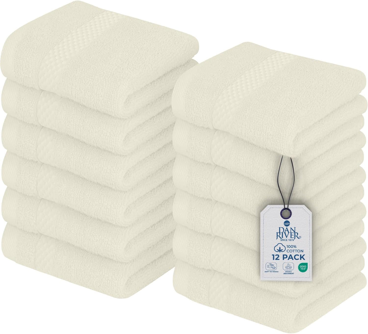 DAN RIVER 12-Pack Premium 100% Cotton Ivory Face Towels – Reusable Face Towel Set, Soft & Absorbent Washcloths for Bathroom & Body – Hand and Face Towels, 550 GSM (12x12 in)