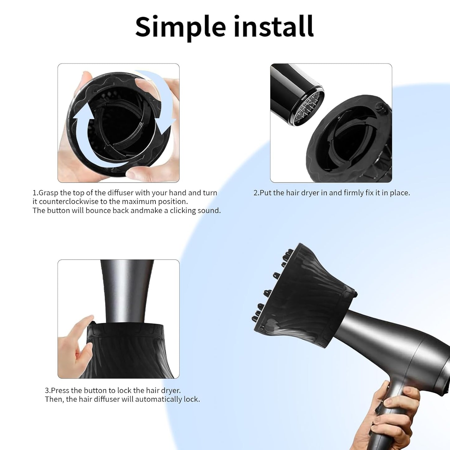 Diffuser Attachment for Hair Dryer Universal, Blow Dryer Nozzle-Specific Hair Diffuser for Curly Hair and Natural Wavy Hair, Suitable for Hair Dryers 1.4in-2.6in (Black)