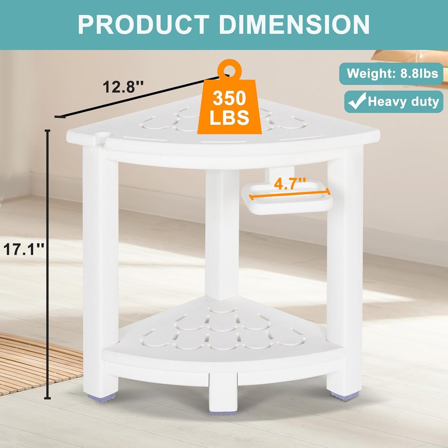 NALONE Corner Shower Stool, HDPE Shower Bench for Inside Shower, Small Shower Chair Seat for Shaving Legs with Storage Shelf, Soap Box and No-Slip Feet (White)
