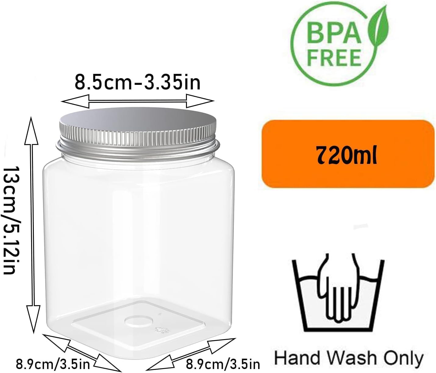 6 Pack 24 Oz Clear plastic jar, Refillable Kitchen Storage Containers, For Kitchen & Household, Aluminum cap.