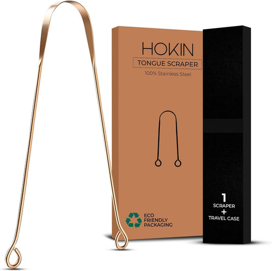 HOKIN Tongue Scraper for Adults with Travel Case (1Pcs Oral Care Pack) - 100% Copper U Shaped Tongue Cleaner, Tough Scraper for Men & Women Oral Hygiene