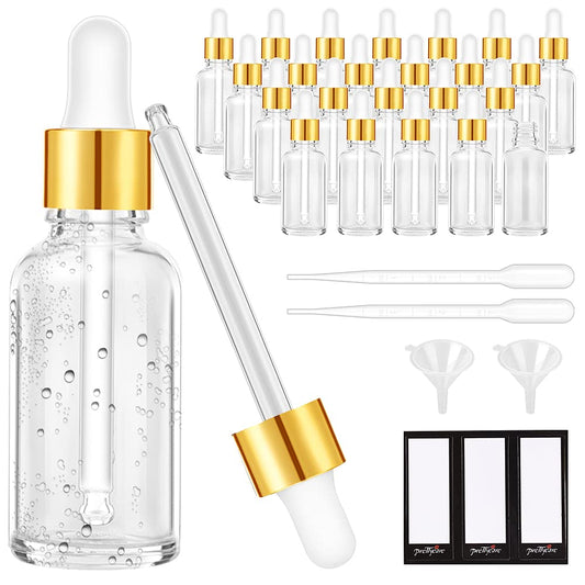 PrettyCare Glass Eye Dropper Bottles 24 Pack, 1oz (30ml) Clear Empty Thick Bottles Bulk with Leakproof Golden Caps - With Labels & Funnels for Storage, Travel, Essential Oils, Cuticle Oils, Tinctures