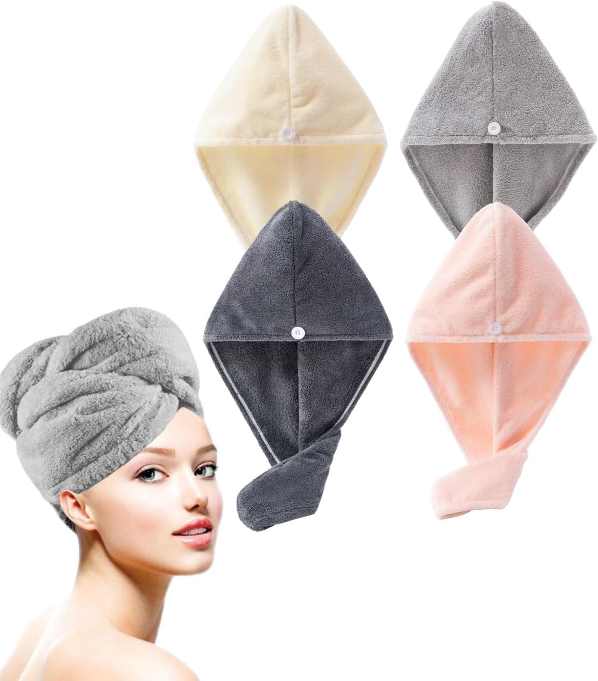 Microfiber Hair Towel Wrap 4 Pack - Gym & Shower & Travel Quick Dry Turban, Secure Button Closure for Active Women, Anti-Slip Design for Thick/Curly Hair, Compact 25x65cm (4-Piece Set)