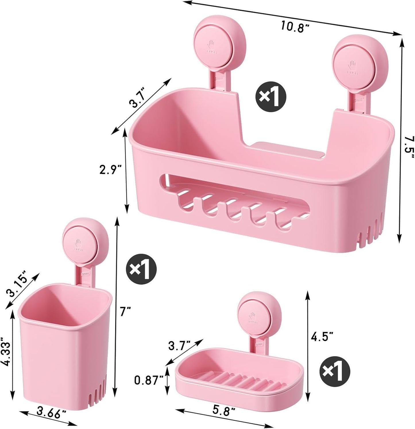 LEVERLOC Shower Caddy Suction Cup Set Shower Organizer & Soap Holder & Toothbrush Holder, Bathroom Shelf Basket NO-Drilling, Removable Suction Storage Waterproof Bathroom Caddy, Pink
