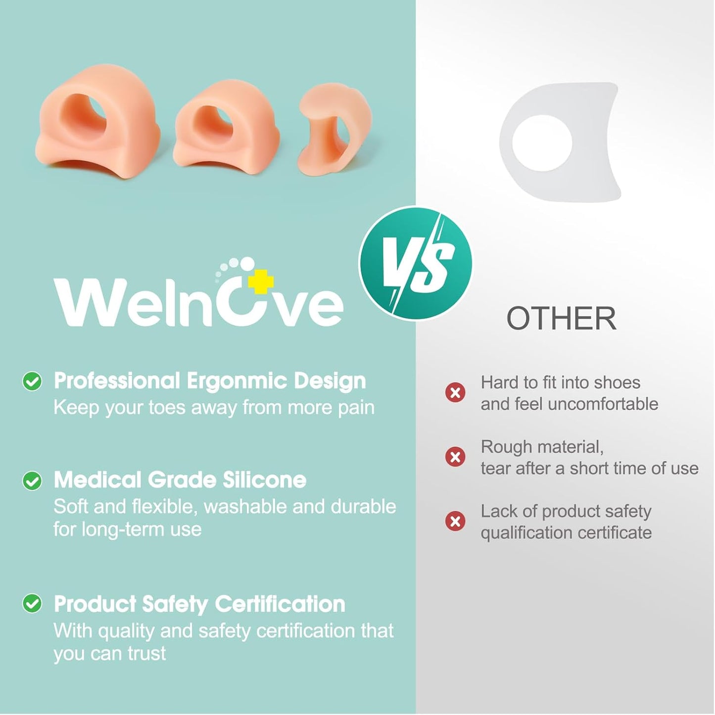 Welnove Toe Separator for Overlapping Toes - 12 PackToe Spacers for Bunions - Toe Corrector for Hammer Toes, Realign Crooked Toes - Preventing Rubbing Relieve Pressure (Multi-Size, Beige)