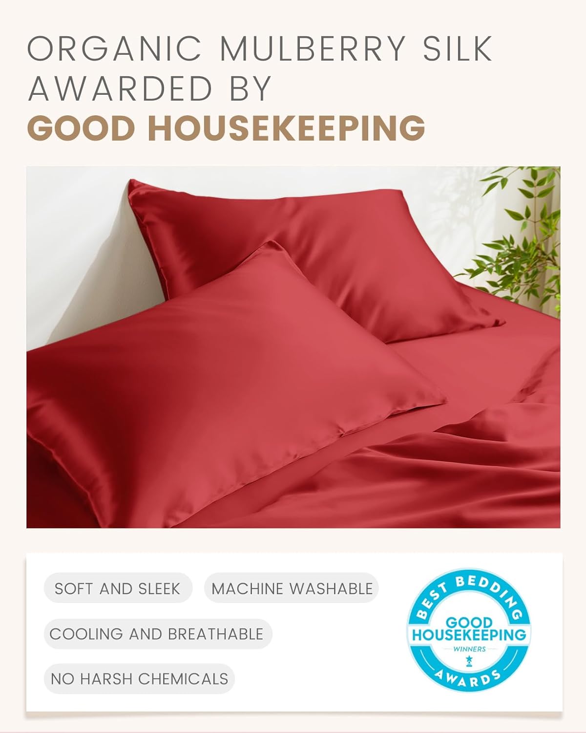 THXSILK Set of 2 Silk Pillowcase for Hair and Skin, 100% Mulberry Silk Bed Pillowcase Ultra-Soft, Hypoallergenic Soft Breathable Silk Pillow Case with Hidden Zipper, California King 20"x40", Red