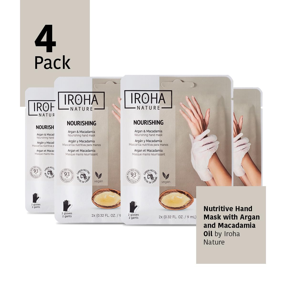 IROHA NATURE Nourishing Hand Mask Gloves | 4 Pairs | Argan & Macadamia Oil | Intense Nutrition for Dry Hands | 93% Natural Ingredients | Vegan