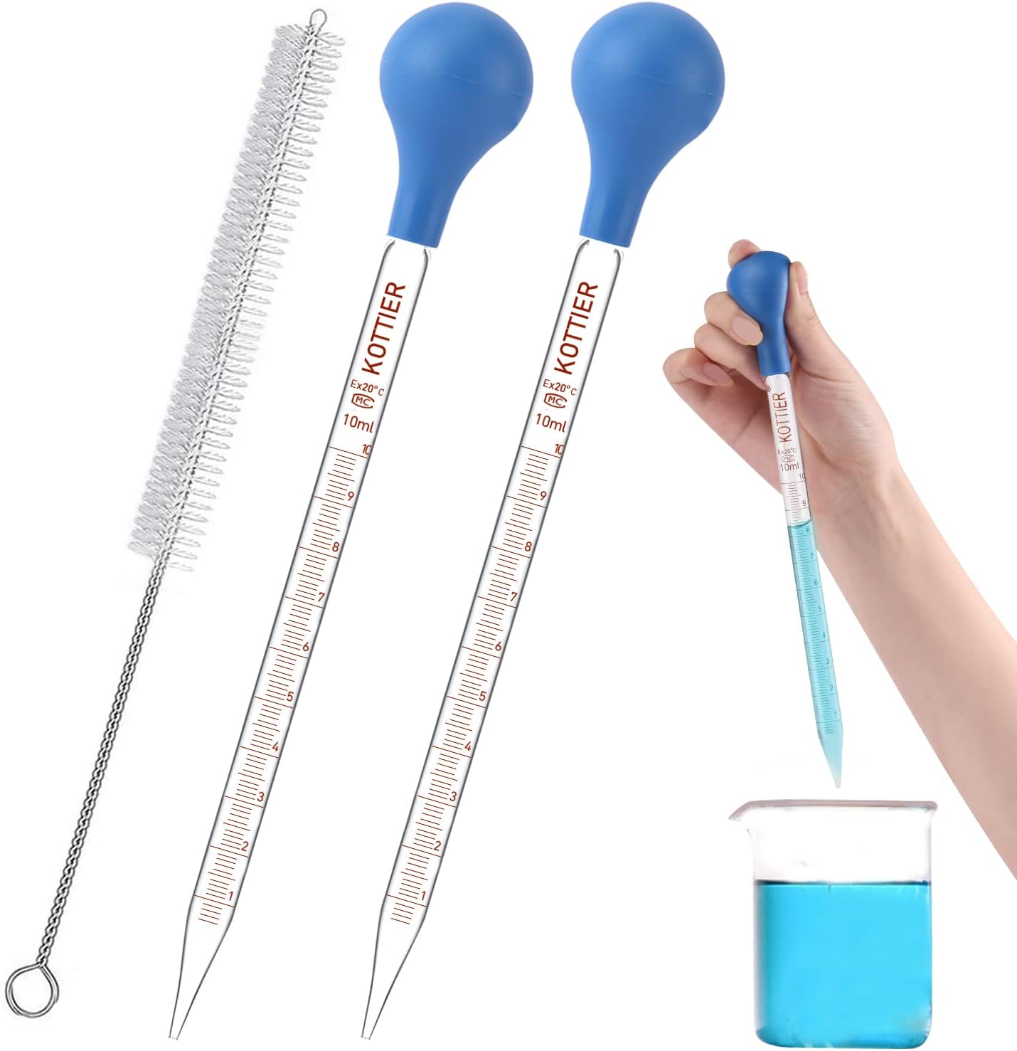 10ml Glass Pipettes Dropper, Lab Graduated Dropper for Liquid Essential Oil, Glass Transfer Pipette with Rubber Bulb and Cleaning Brush (2 pieces)