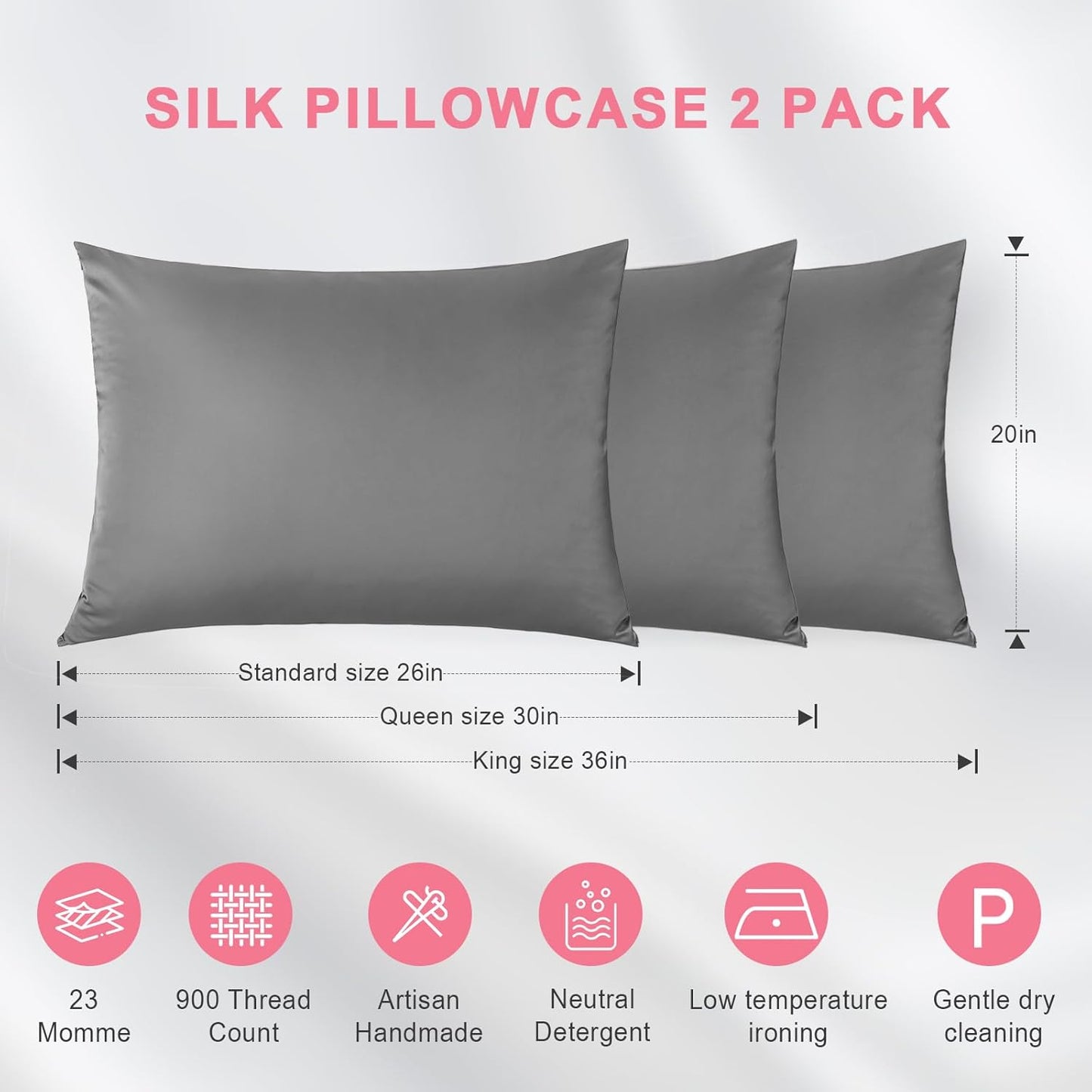 100% Silk Pillowcase 2 Pack for Hair and Skin, Both Sides 23 Momme Grade 6A+ Mulberry Silk Pillowcases with Hidden Zipper, Soft&Smooth Cooling Pillow Cases (Gray, Standard 20×26)