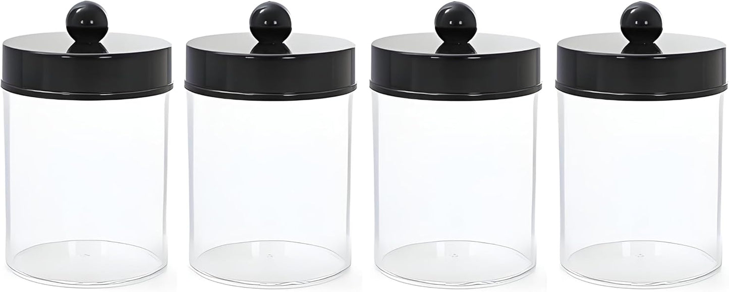 AXX Qtip Dispenser Apothecary Jars Bathroom - Qtip Holder Storage Canister Clear Plastic Jar for Cotton Swab,Q-Tips,Cotton Rounds (F#Black 4Pcs)