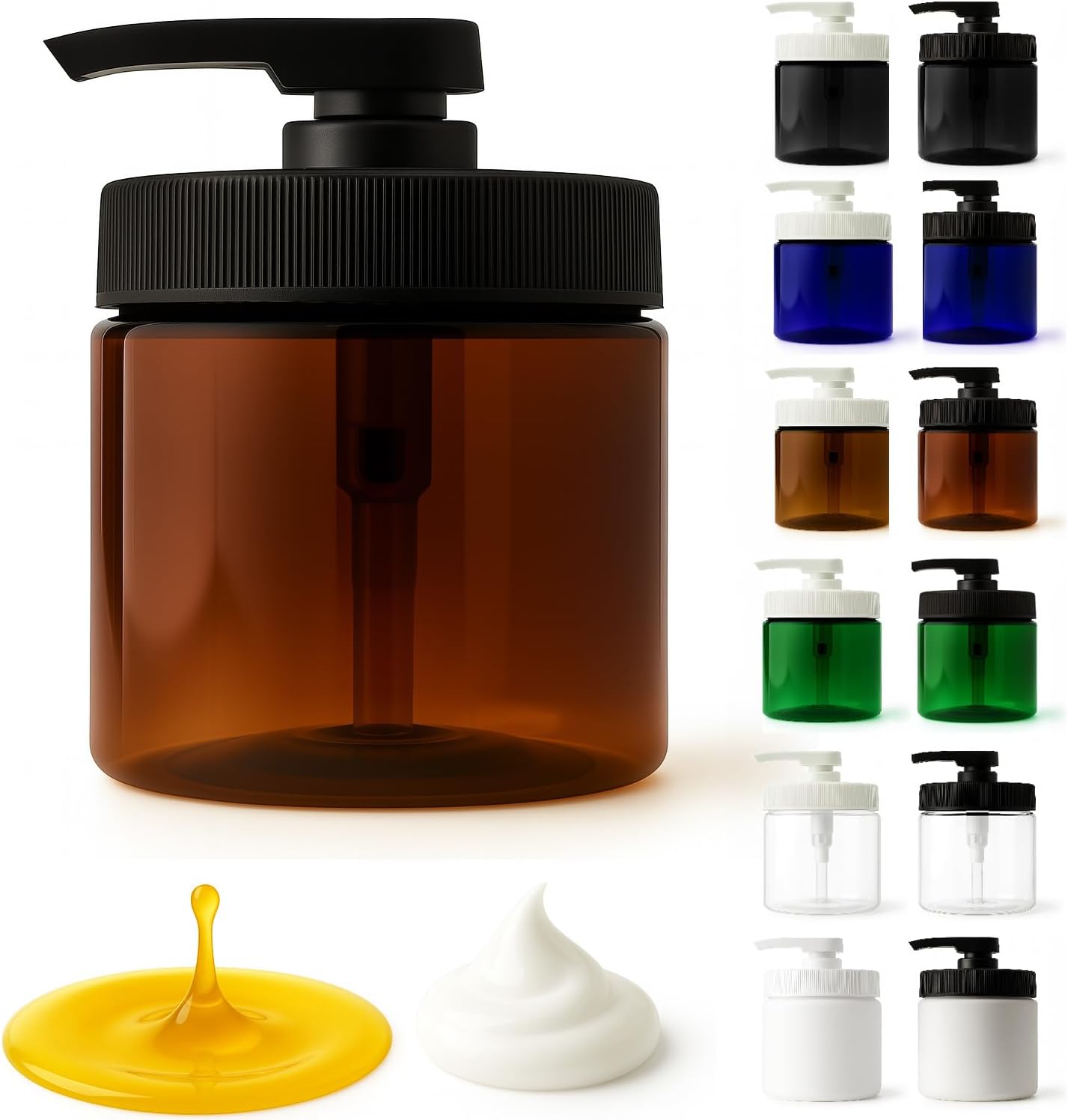 Royal Massage 16oz Refillable Pump Jar with Locking Dip Tube Dispenser – BPA-Free Plastic Container for Massage Oils, Lotions, Creams – Ribbed Lid Wide-Mouth Jar – Durable & Reusable (Amber/Black, 1)