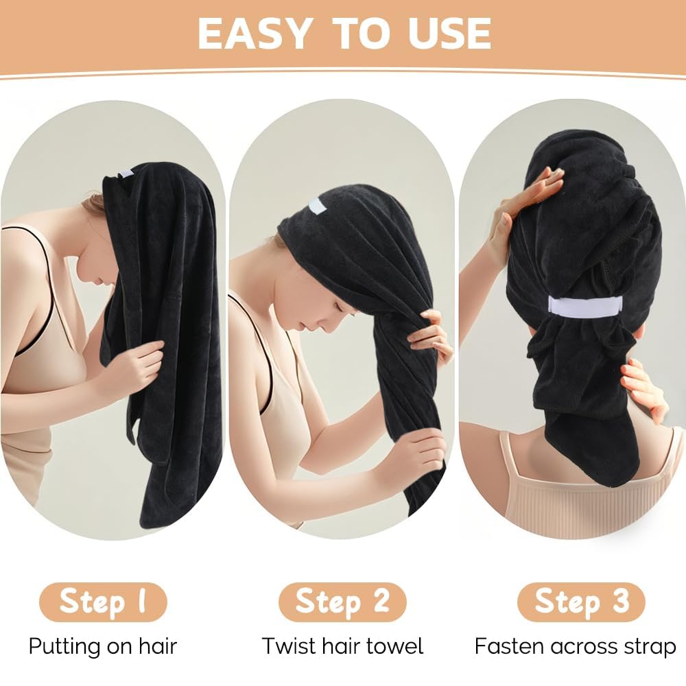 SUNLAND Microfiber Hair Towels Anti Frizz Hair Drying Towel Super Absorbent Fast Drying Turbans for Wet Curly Hair Soft Hair Towel Wrap with Elastic Band for All Hair Types 40 X 28 inches 2Pack Black
